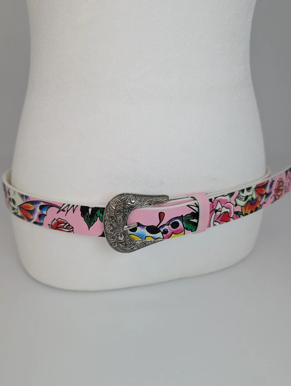 Ed Hardy Rhinestone Belt Pink With Tattoo Styled Skull Roses Western Buckle M/L